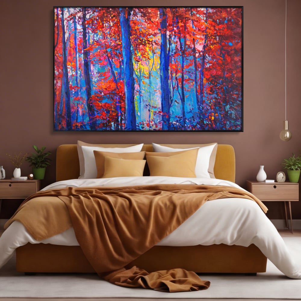 Tablou canvas cu pictura in ulei cu padure de toamna, in rama de aluminiu negru, pe perete intr-un dormitor